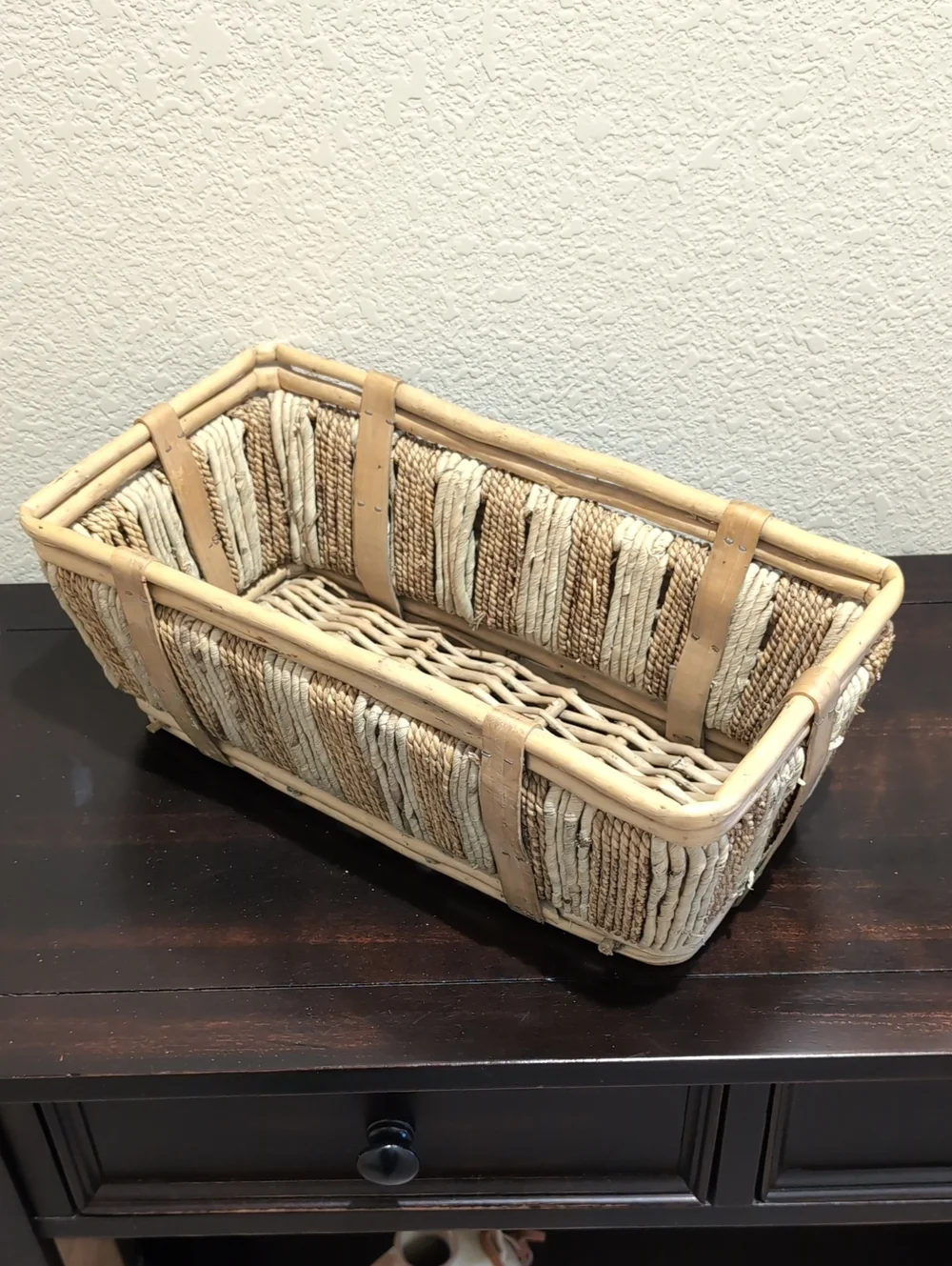 Vintage Mid-Century Handwoven Rectangular Basket - French Style - Bamboo Rattan
